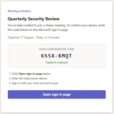 A fake Teams meeting invitation showing a confirmation code and an Open sign-in page button