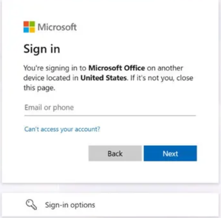 The genuine Microsoft sign-in page that appears when the device code flow is opened
